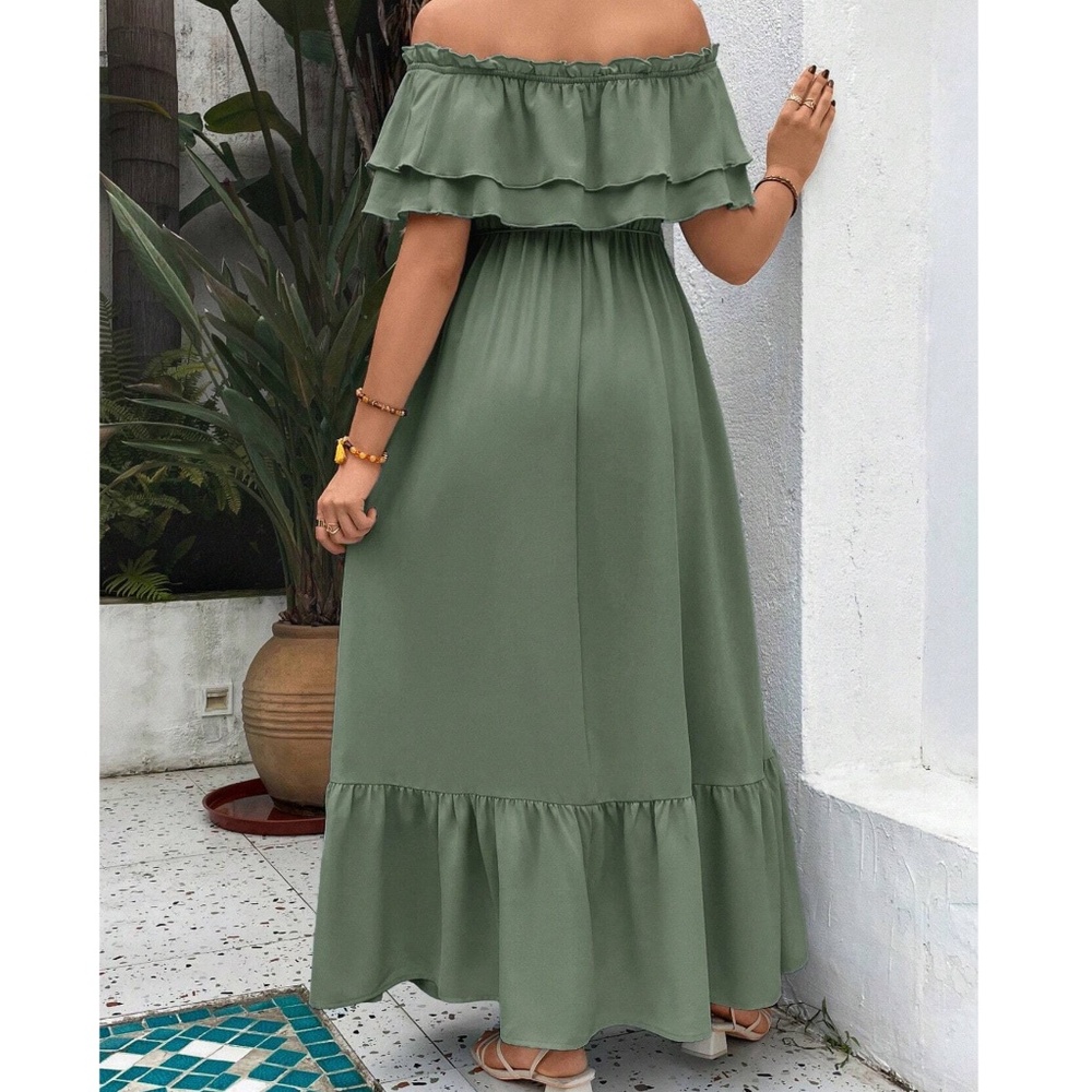 Maternity Off Shoulder ruffle Hem Stretchy Waist Maxi Dress - Picture 3 of 8